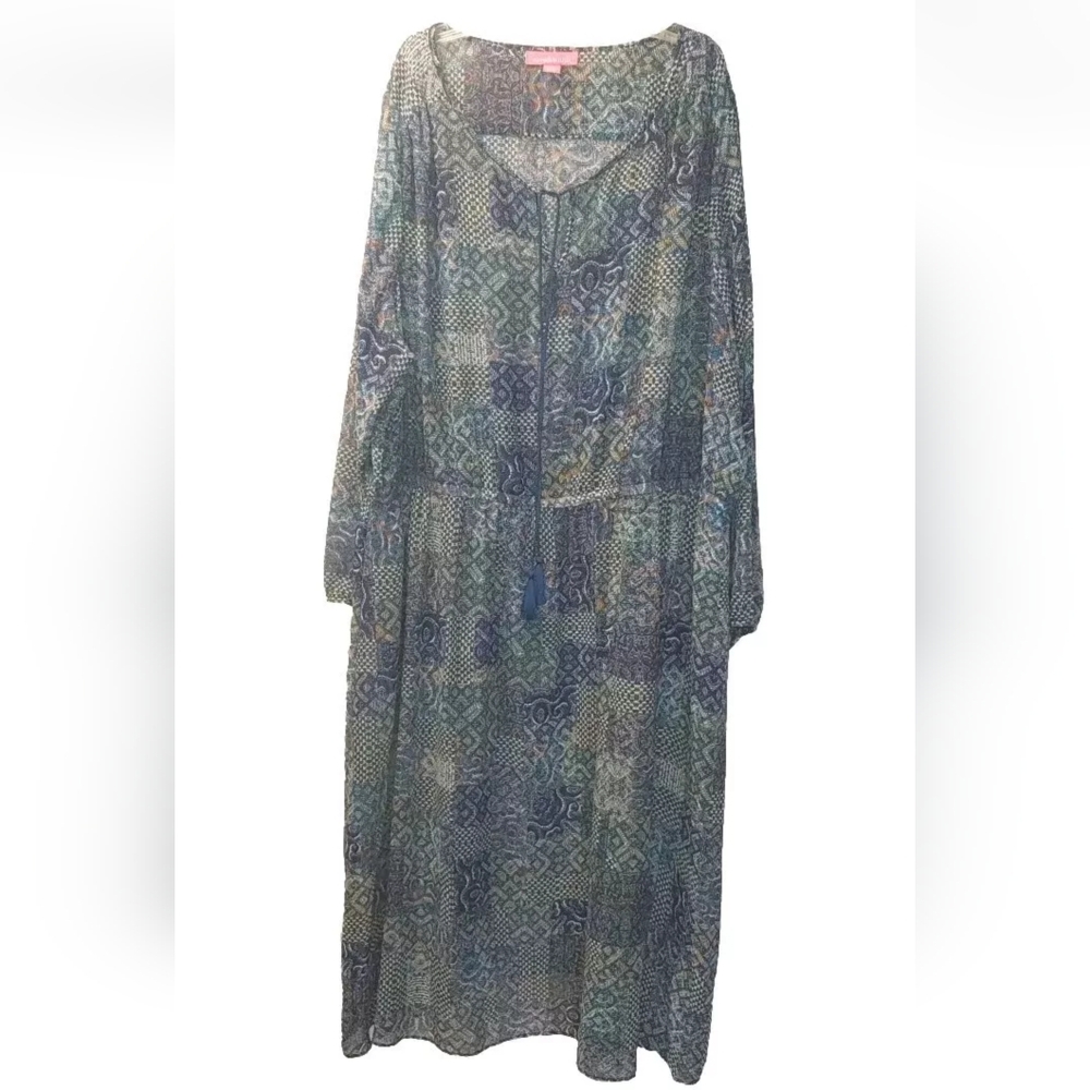Woman Within Cover Up Maxi Dress Woman Plus 28W Tassels Sheer Blue Patchwork
